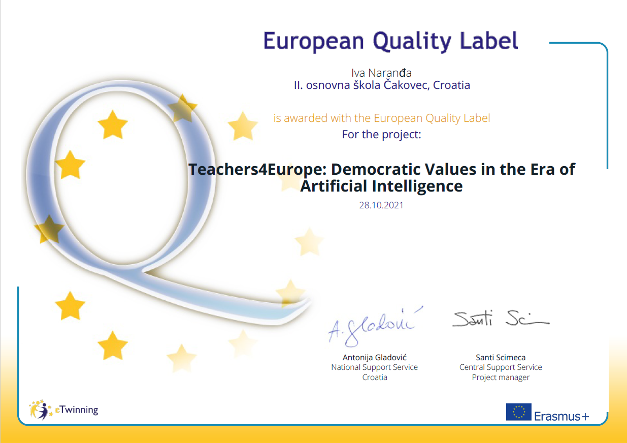 eTwinning europska oznaka kvalitete Iva Narana Teachers4Europe: Democratic Values in the Era of Artificial Intelligence